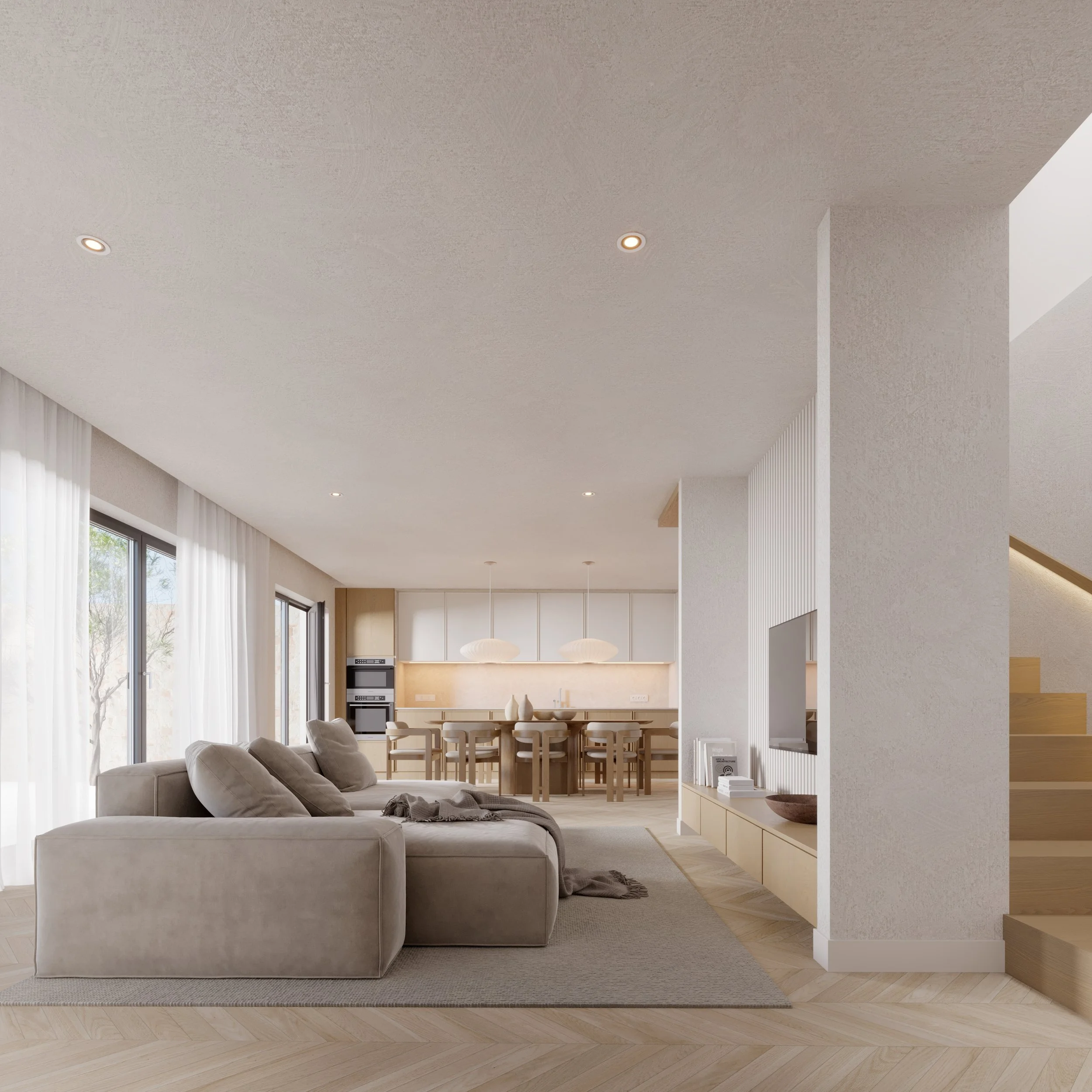 Open-concept living room and kitchen with beige sofa, light wood flooring, white curtains, and modern decor.