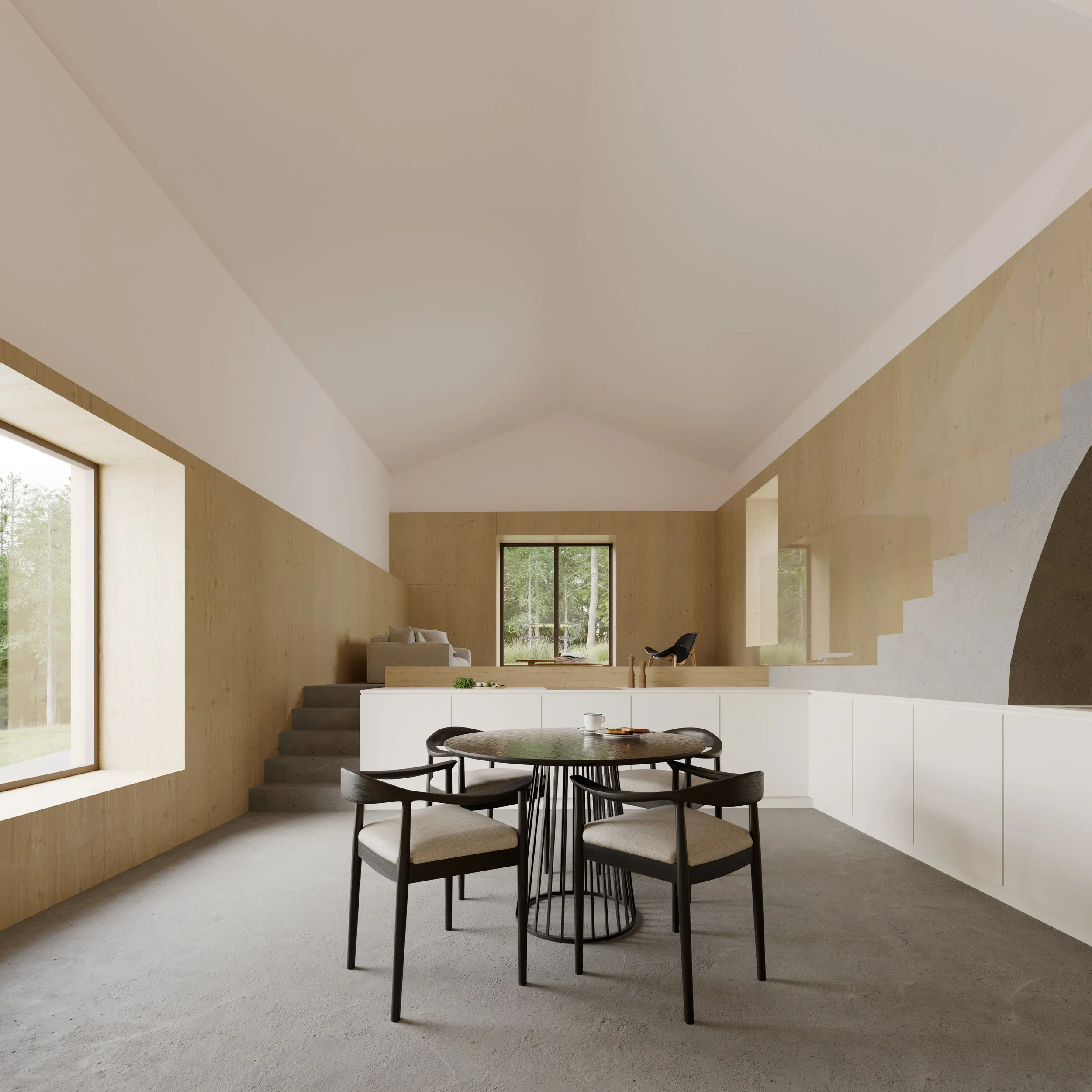 Minimalistic interior with a round dining table and four chairs, large windows, and a seating area with a view of a forest.