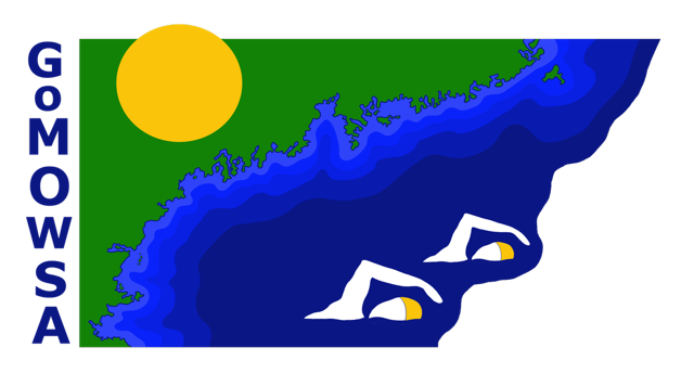 Graphic of swimmers in the ocean with a sun and the coastline