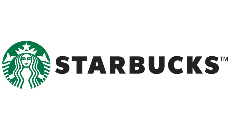 Starbucks logo with green circle and white mermaid, followed by the word 'STARBUCKS' in black