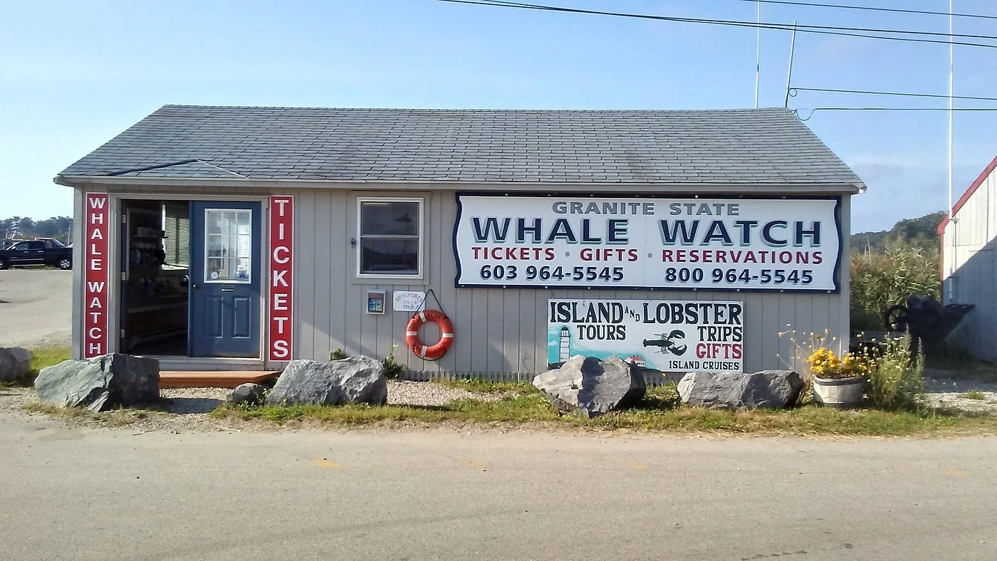 A small building with signs advertising whale watching and island and lobster tours in Granite State. The building has a blue door, a life preserver, and rocks in front. Sign includes contact numbers and services like tickets, gifts, and reservations.