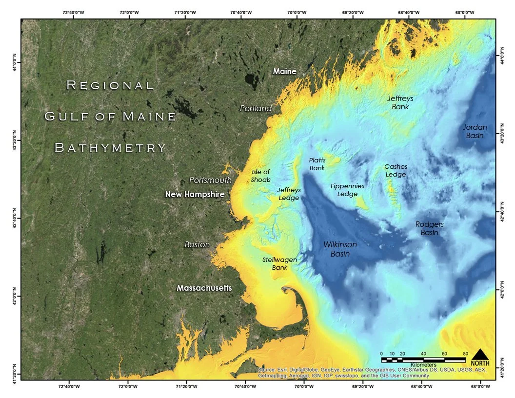 Map of the Gulf of Maine showing bathymetry with color-coded depths, coastal geography, and labeled features such as Jeffreys Bank, Isles of Shoals, Cashe's Ledge, and Jordan Basin, with the surrounding states and regions.
