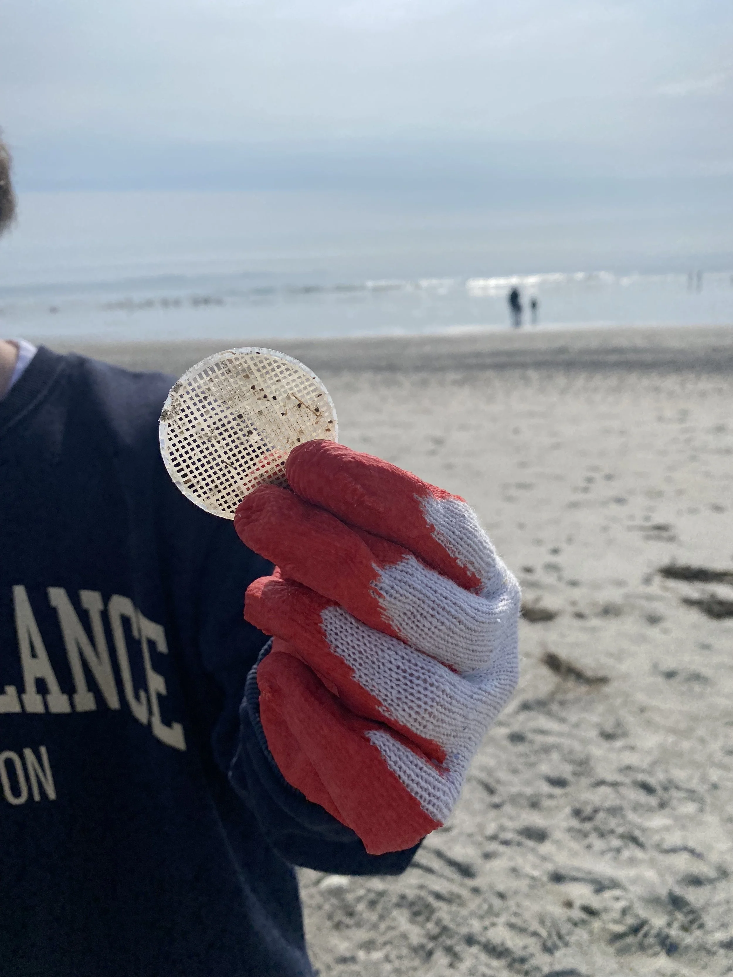 A person wearing a red and white glove holding a small, round, white object with a grid pattern on a beach with people and the ocean in the background.