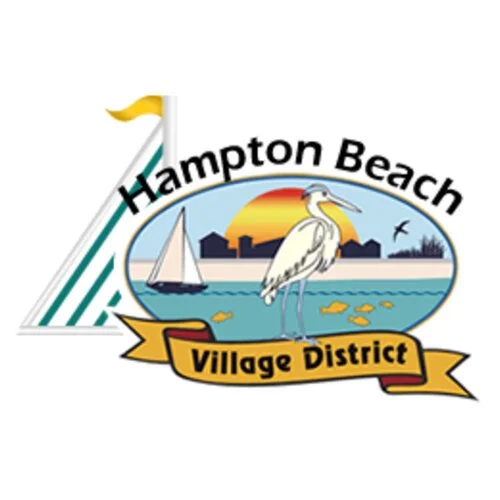 Hampton Beach Village District logo featuring a heron standing by the water, a sailboat, sunset, and landscape.