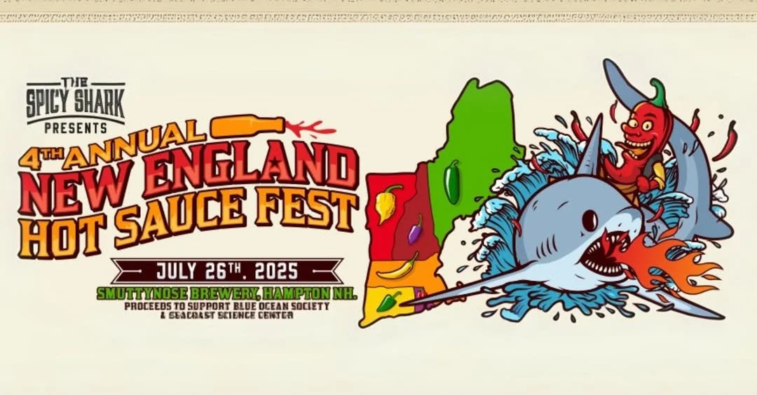 A colorful poster for the 4th Annual New England Hot Sauce Fest on July 26th, 2025, at Smuttynose Brewery in Hampton, NH, featuring cartoon hot sauces, a shark, and a map of New England.