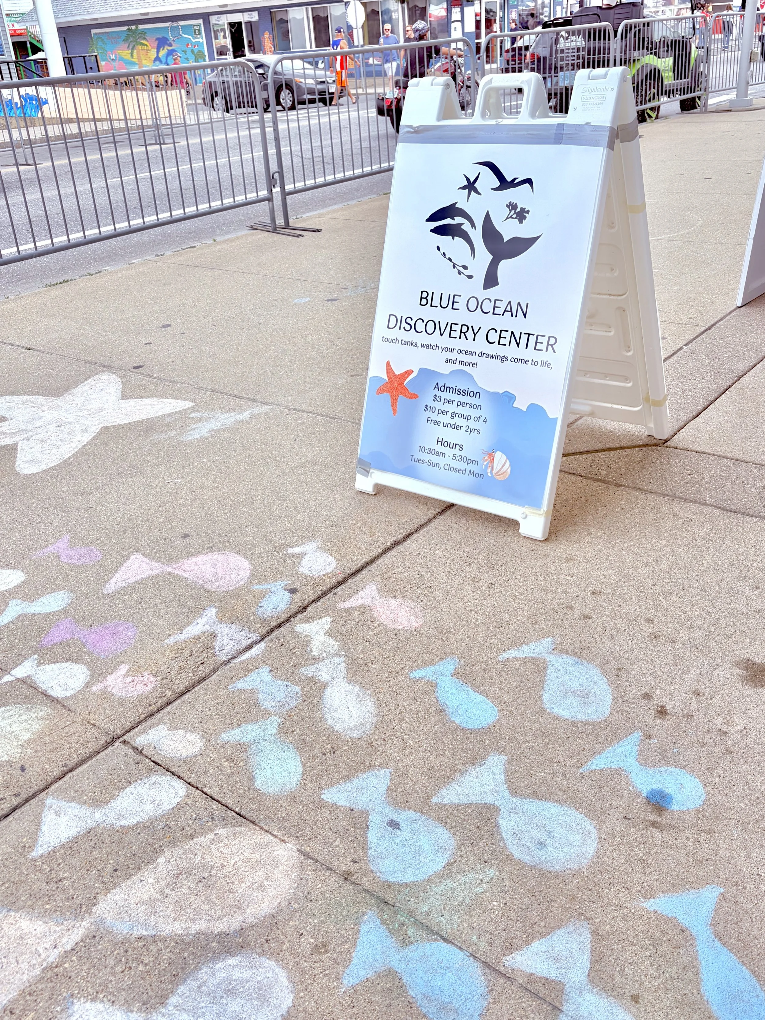 Sidewalk with pastel-colored chalk fish and seashell drawings leading toward a street with a signboard for the Blue Ocean Discovery Center.