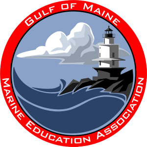Logo of the Gulf of Maine Marine Education Association featuring a lighthouse on rocky coast, ocean waves, clouds, and a red circular border with white text.