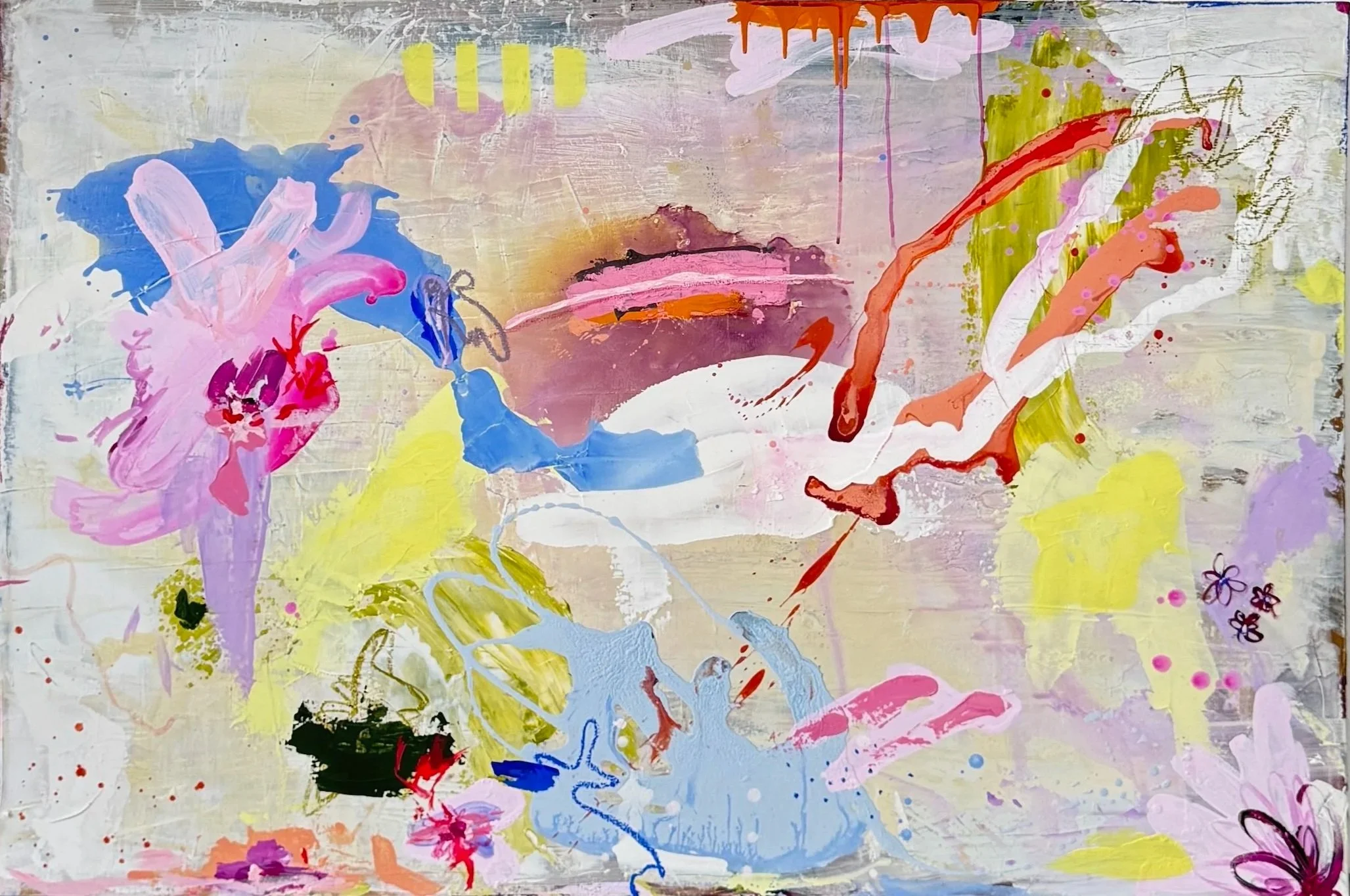 Abstraktes farbiges Gemälde mit Pinselstrichen, Spritzern und Farbklecksen in Blau, Pink, Rot, Gelb, Weiß, Grün und Schwarz.