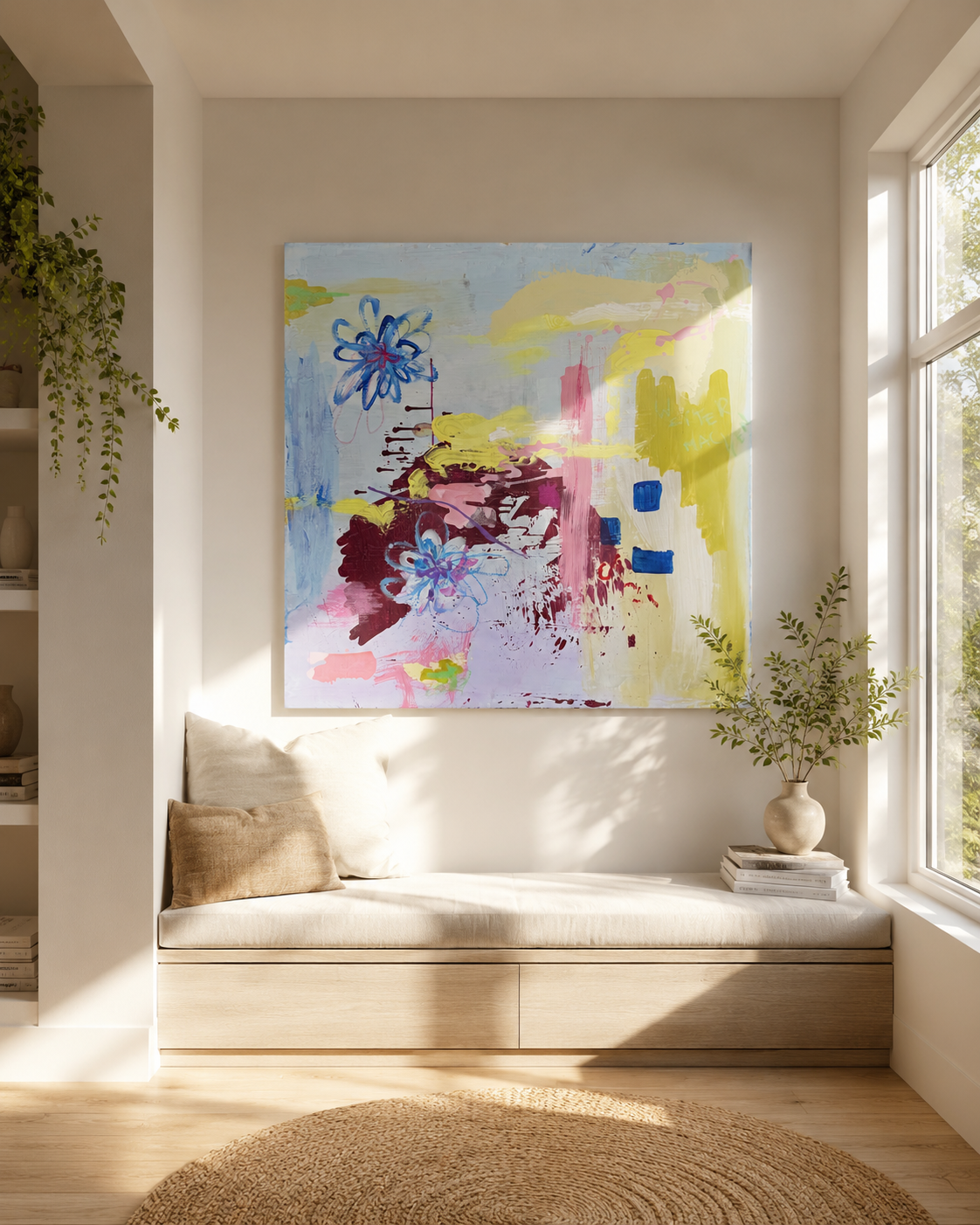 Ein abstraktes Gemälde mit bunten Farben und Blütenmotiven hängt an einer weißen Wand in einem hellen Wohnzimmer. Neben dem Sofa steht eine Vase mit grünen Zweigen, und ein Fenster lässt natürliches Licht herein.