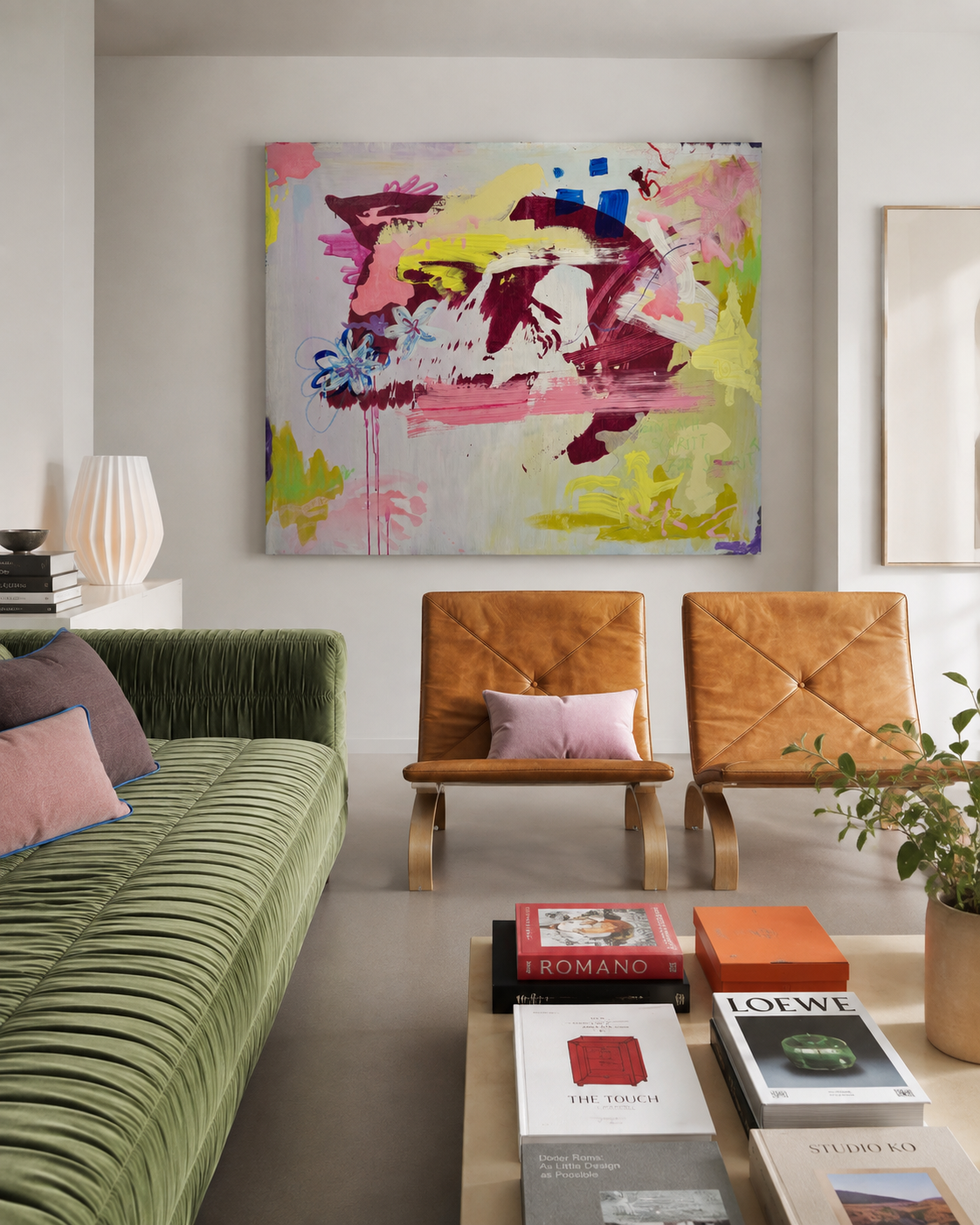Moderner Wohnraum mit grünem Sofa, zwei braunen Ledersesseln, einem großen bunten abstrakten Gemälde an der Wand, einer weißen Tischlampe, Büchern auf einem niedrigen Beistelltisch und einer Topfpflanze.