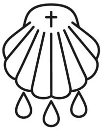 A seashell with a cross on top and three drops of water underneath.