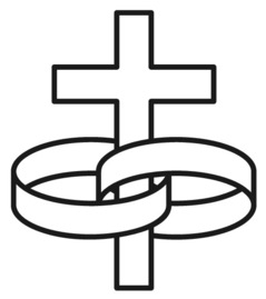 A cross with two wedding rings intertwined at the base.