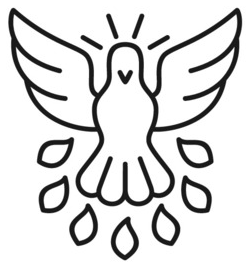 Illustration of a dove with wings spread, surrounded by flames, symbolizing the gifts of the spirit.