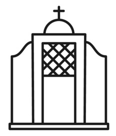 Outline drawing of a church with a cross on top and a decorative front door.