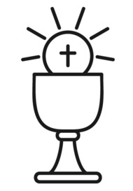 A sacred host, placed above a chalice, with beams that illuminate the faith.