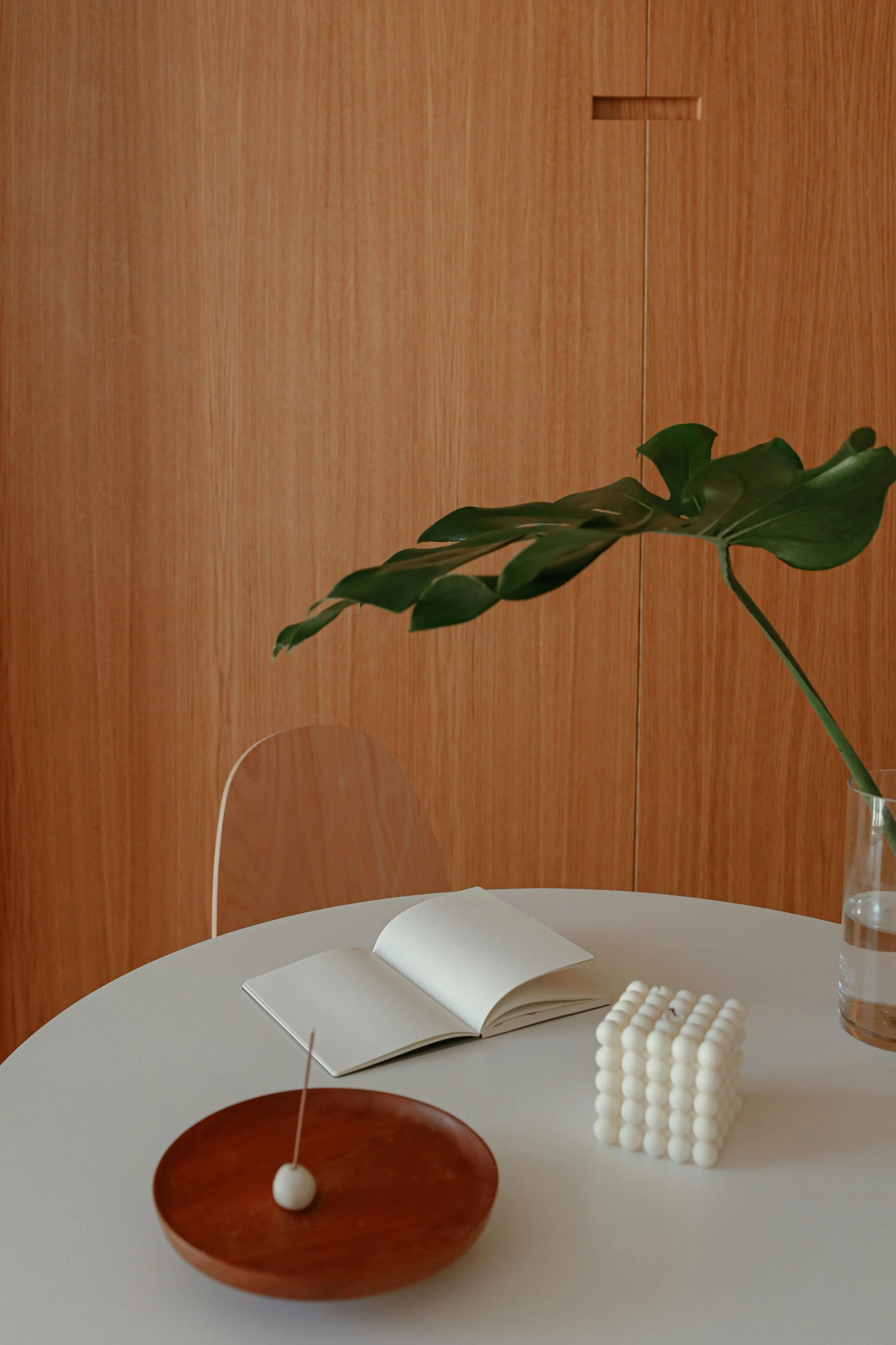 A minimalist white round table with an open notebook, a white spherical object connected to a wire in a wooden bowl, a string of white beads, a glass of water, and a potted plant with large green leaves, set against a wooden wall background.