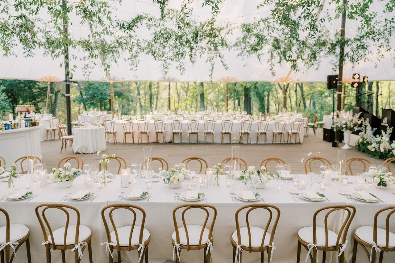 Tent Patio | Surrounded by forest and framed by a breathtaking view of the Perkins House, the tented patio is where your vision gets to run wild. A dedicated hardscape surface with serious electrical capacity means your tent, your lighting, your enti
