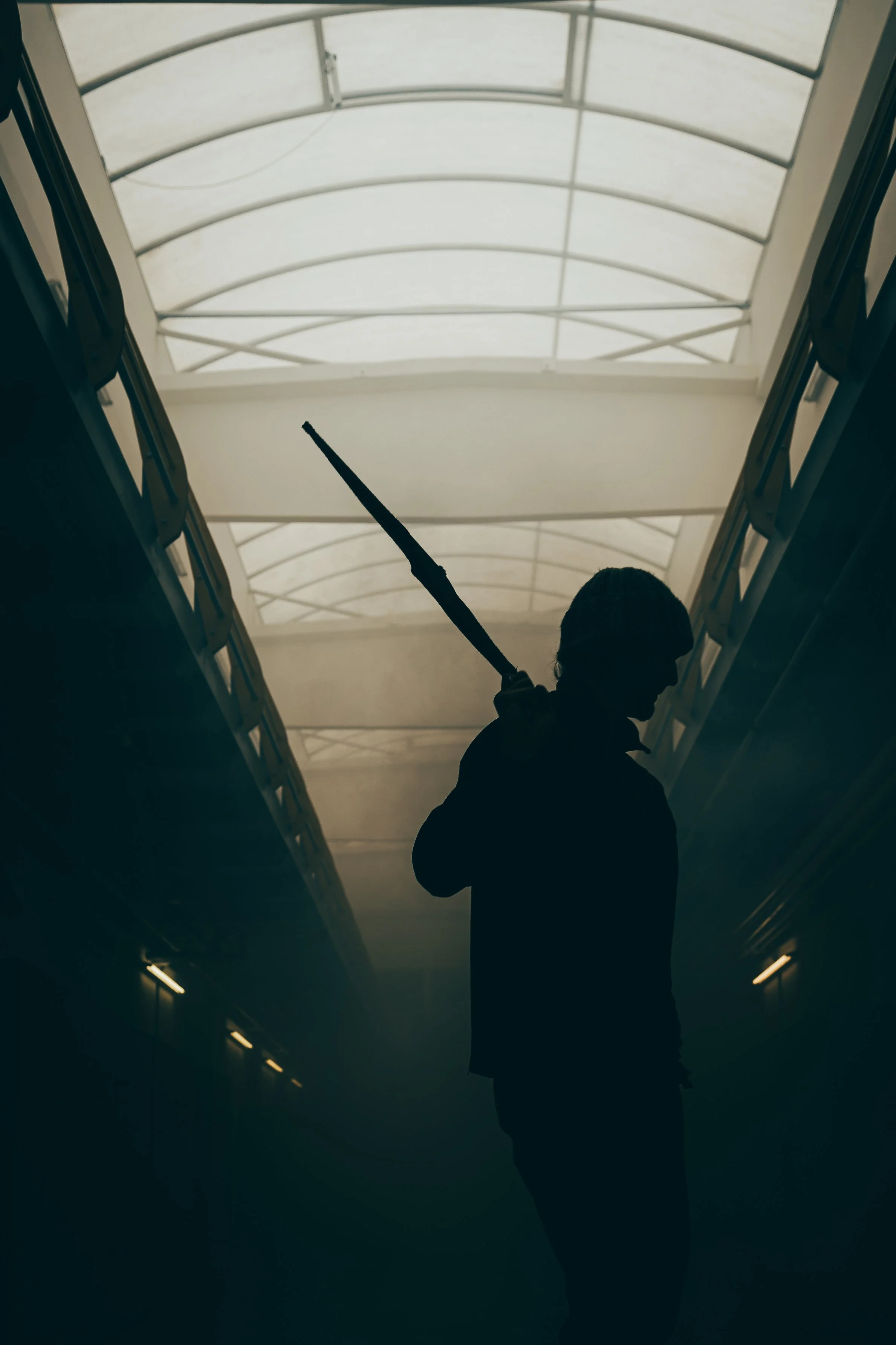 Silhouette of a person holding a spear in a dark, misty corridor with a bright, curved ceiling.