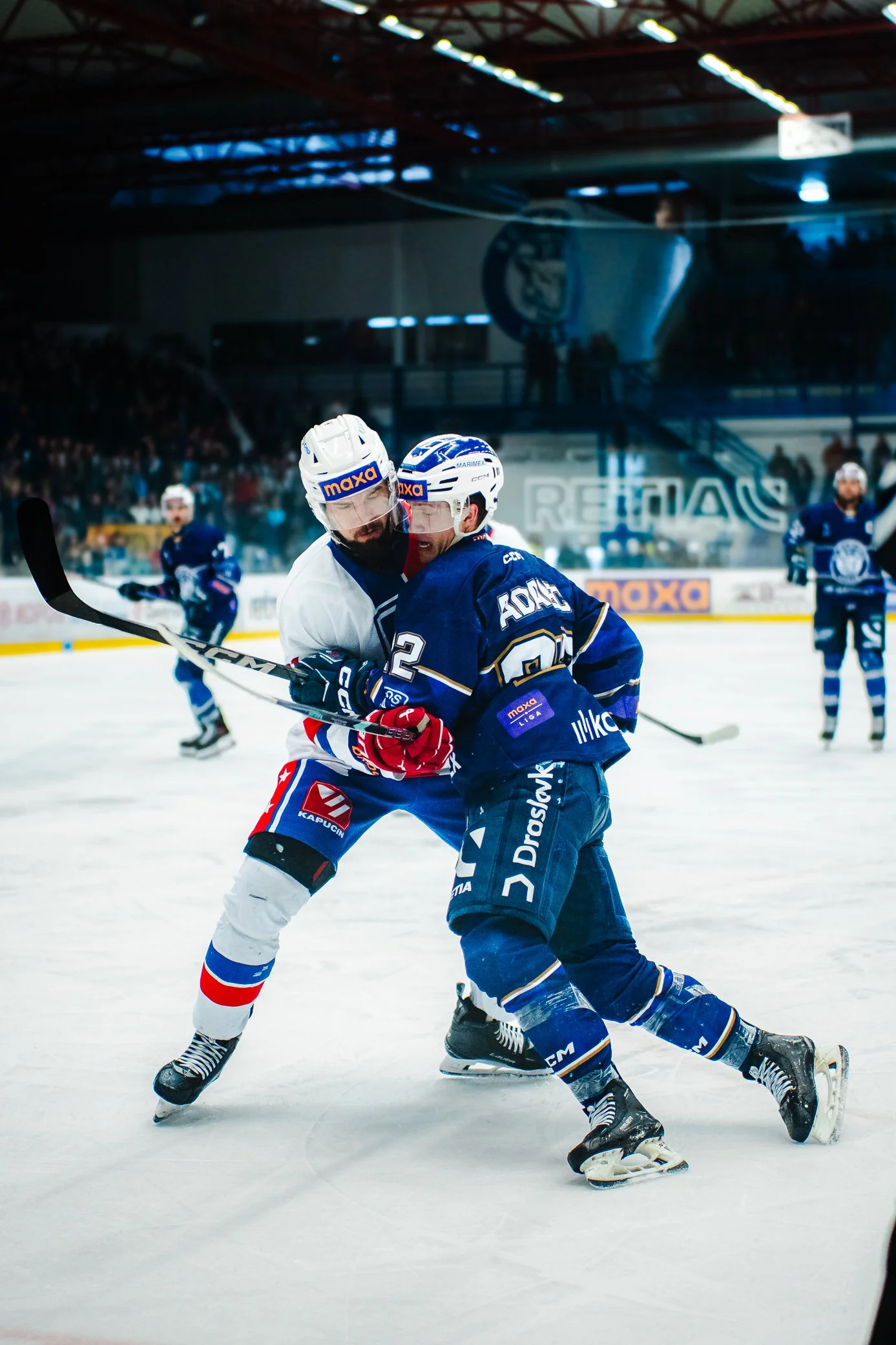 Two ice hockey players are engaged in a fight on the ice rink during a game, with other players and spectators visible in the background.