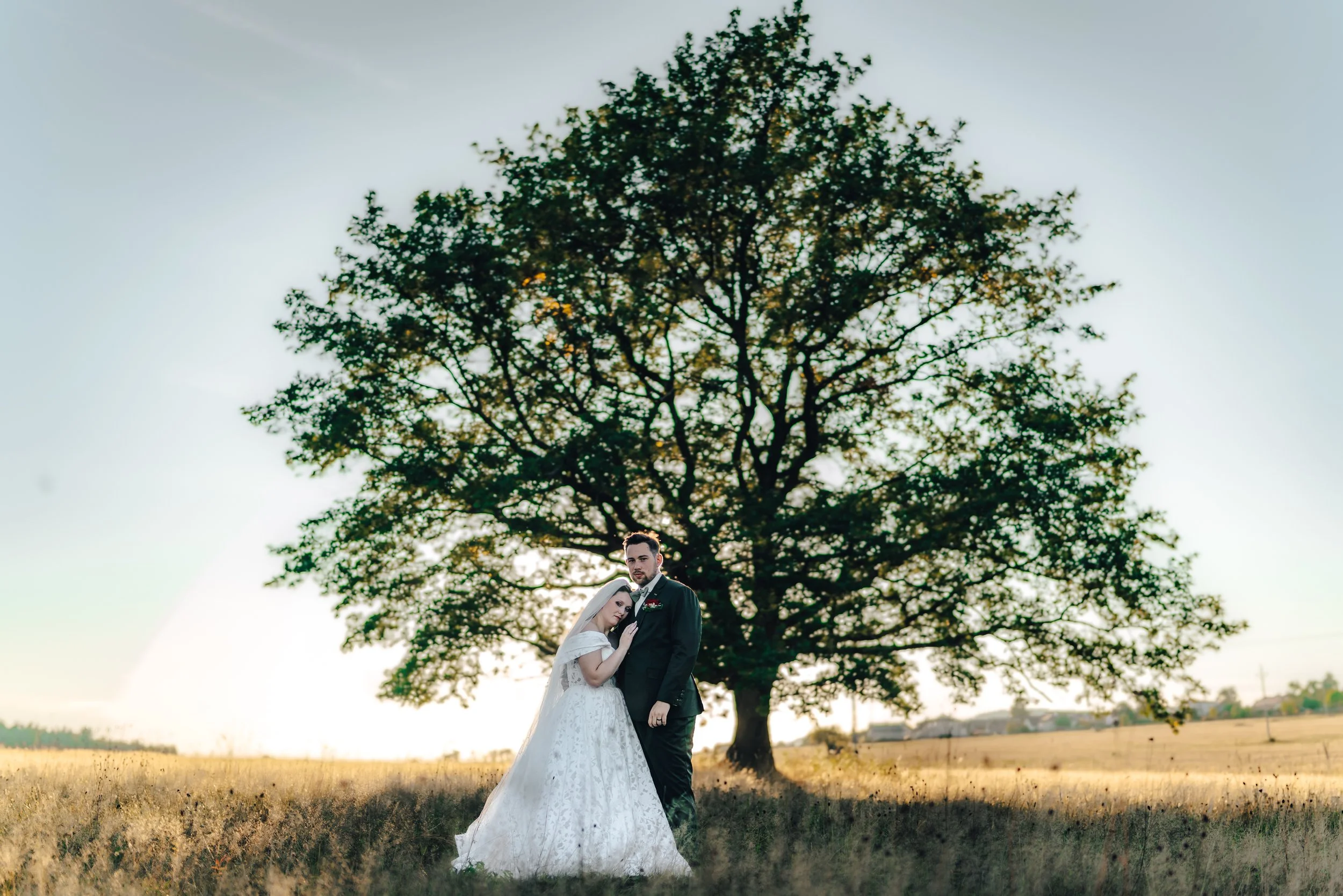 A bride and groom standing close together in a field during sunset, with a large tree behind them.