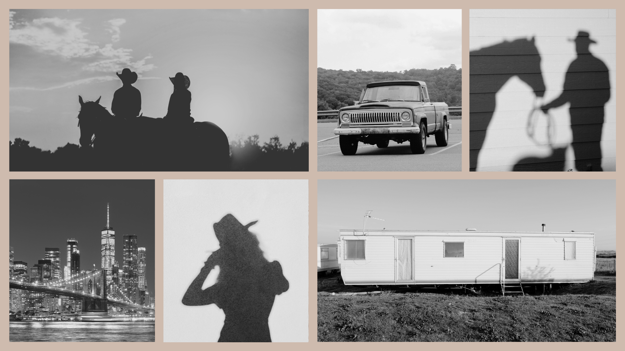 A collage of six black and white images featuring rural and urban scenes: two people on horseback with cowboy hats, a vintage pickup truck parked on a road, a shadow of a man and a woman with cowboy hats and lasso, a city skyline with a bridge, a silhouette of a woman with a cowboy hat, and a mobile home on a grassy field.