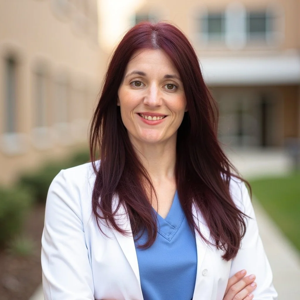 A female healthcare professional with red hair wearing a white coat and blue scrubs, smiling outdoors.