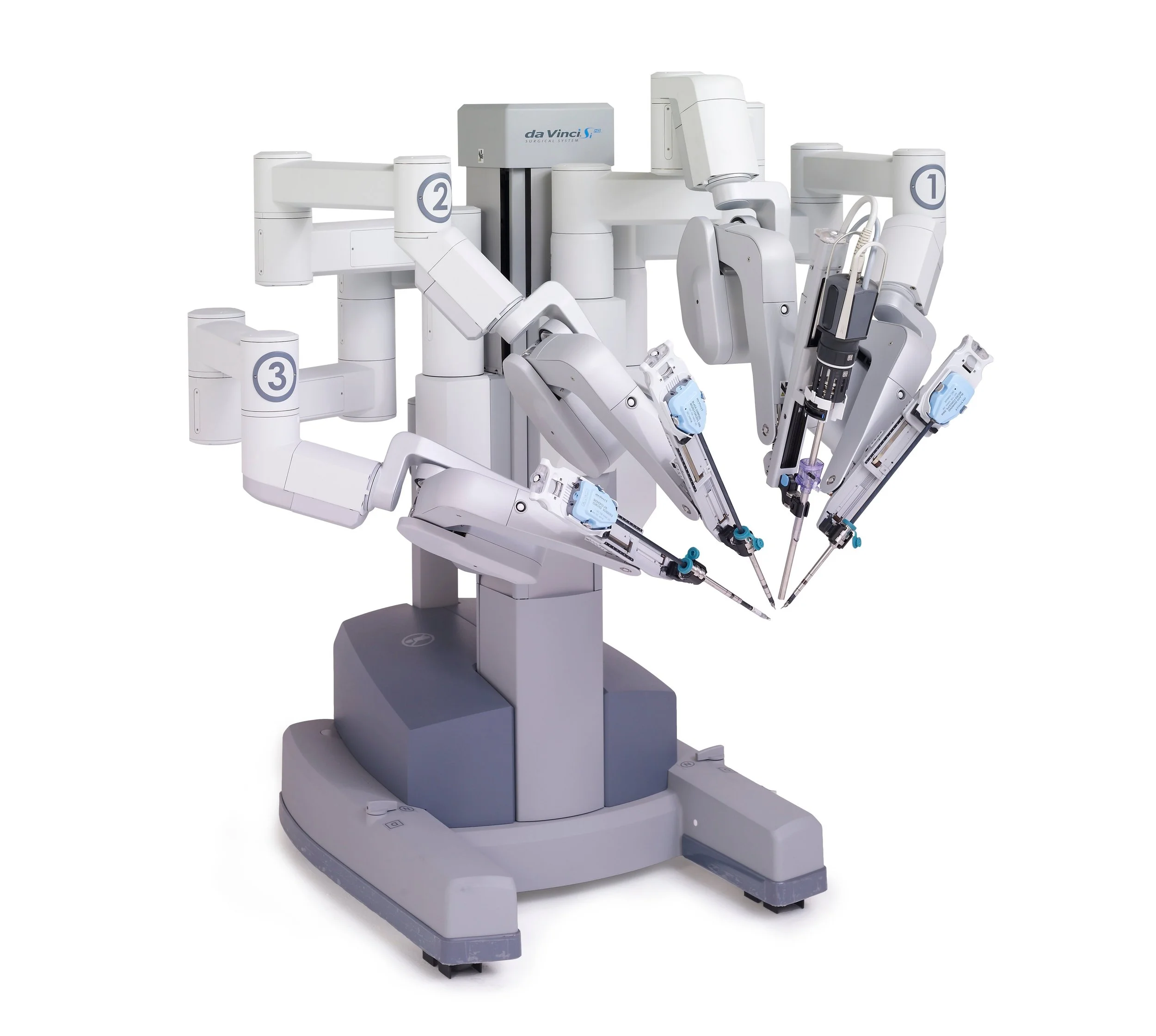A surgical robotic system with multiple articulated robotic arms, labeled with numbers, mounted on a stable base.