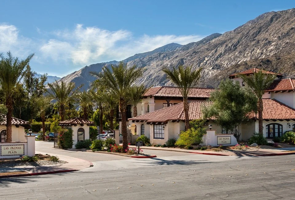 A residential area with Mediterranean-style houses, palm trees, and a mountainous backdrop under a blue sky.