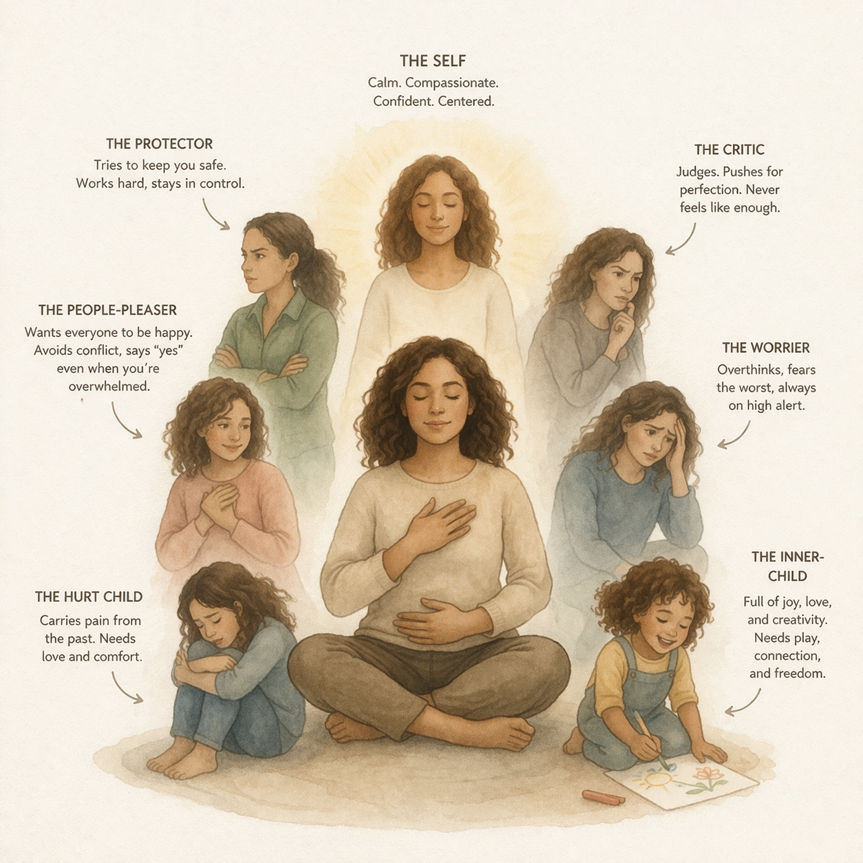 Illustration of a woman surrounded by five different emotional states: The Self, The Protector, The People-Pleaser, The Hurt Child, The Critic, The Worrier, and The Inner-Child. Each state has descriptive text about its characteristics and behavior.