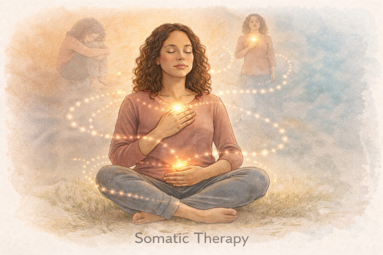 A woman sitting cross-legged outdoors with eyes closed, meditating. She is surrounded by illustrated representations of emotional states and energy centers, including a child hugging her knees, a person holding a glowing ball of light, and another person with a glowing chest. The image depicts the concept of somatic therapy.