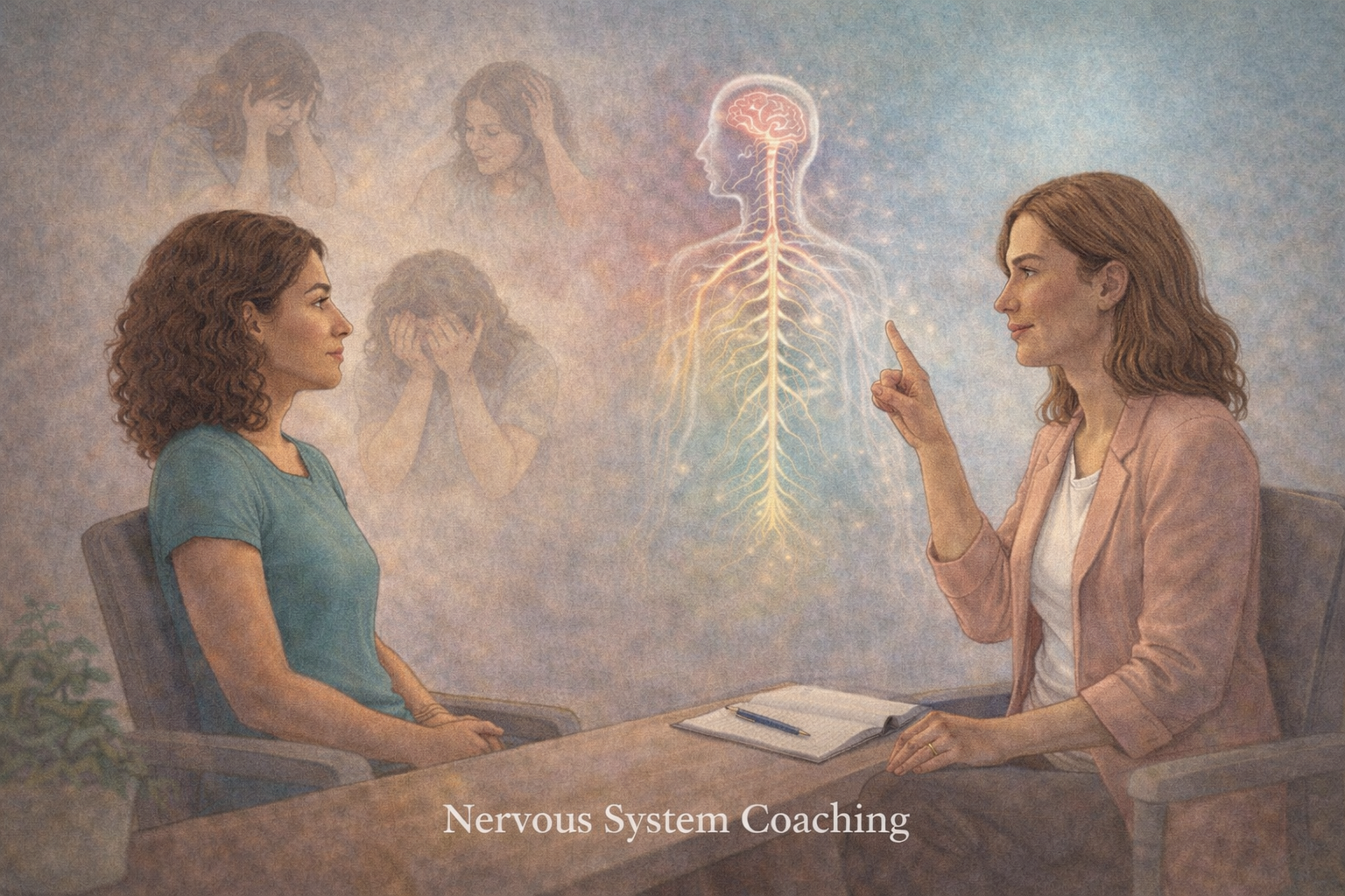 Two women having a coaching session about the nervous system. The woman on the right, presumably the coach, is pointing at a digital diagram showing the human brain and spinal cord. The woman on the left is listening attentively. In the background, there are faded images of women holding their heads in distress. The text at the bottom reads 'Nervous System Coaching'.