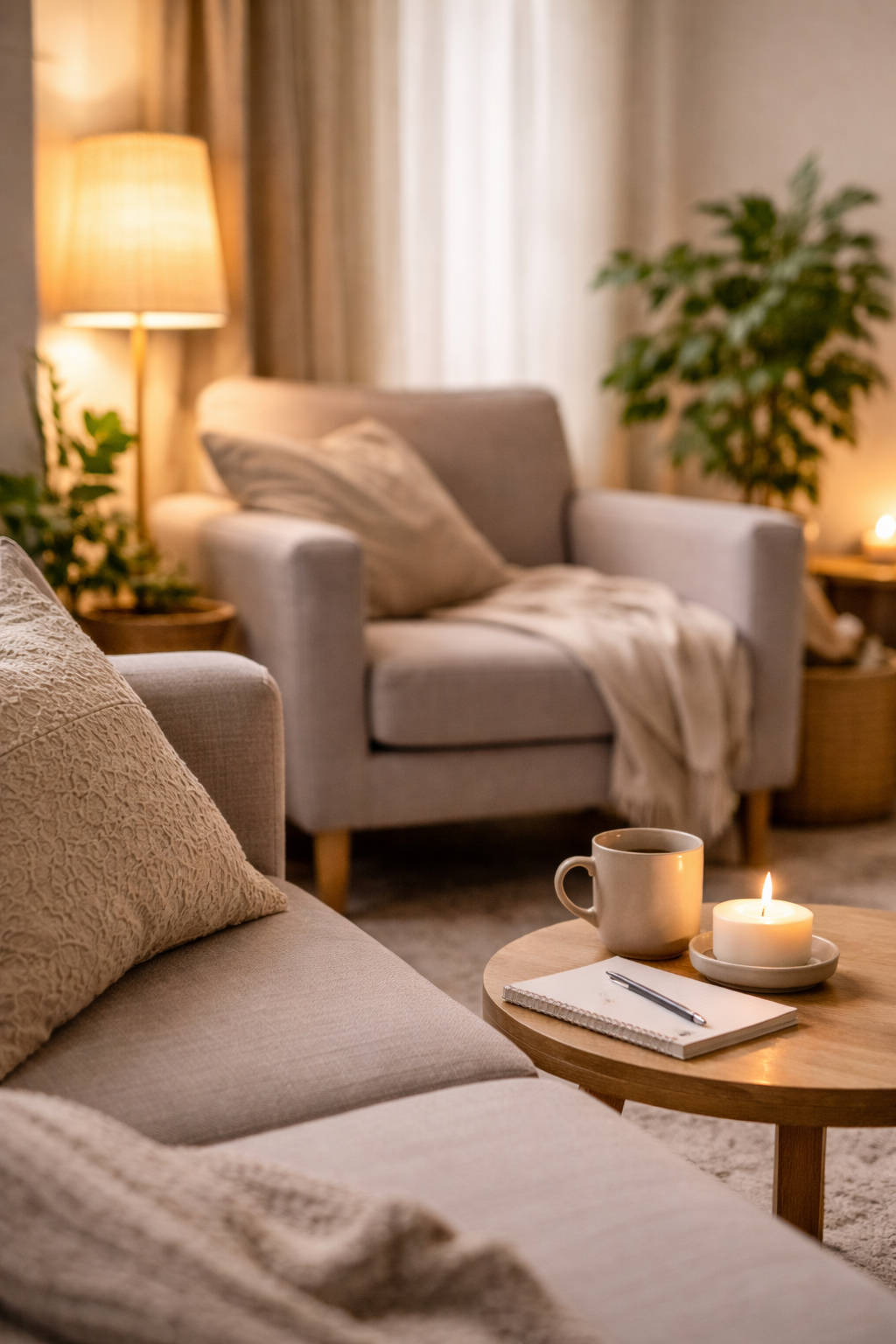 Cozy living room with beige sofa, decorative pillows, a lit candle, coffee mug, notebook, and pen on a small wooden table, and an armchair with cushions in the background, warm lighting and houseplants.