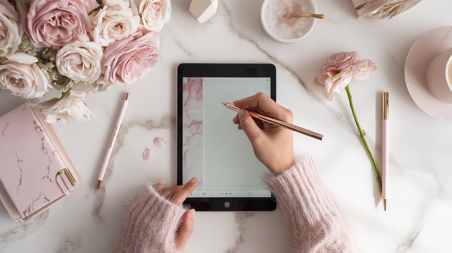 Content creator building Instagram carousel strategy on tablet at aesthetic pink desk