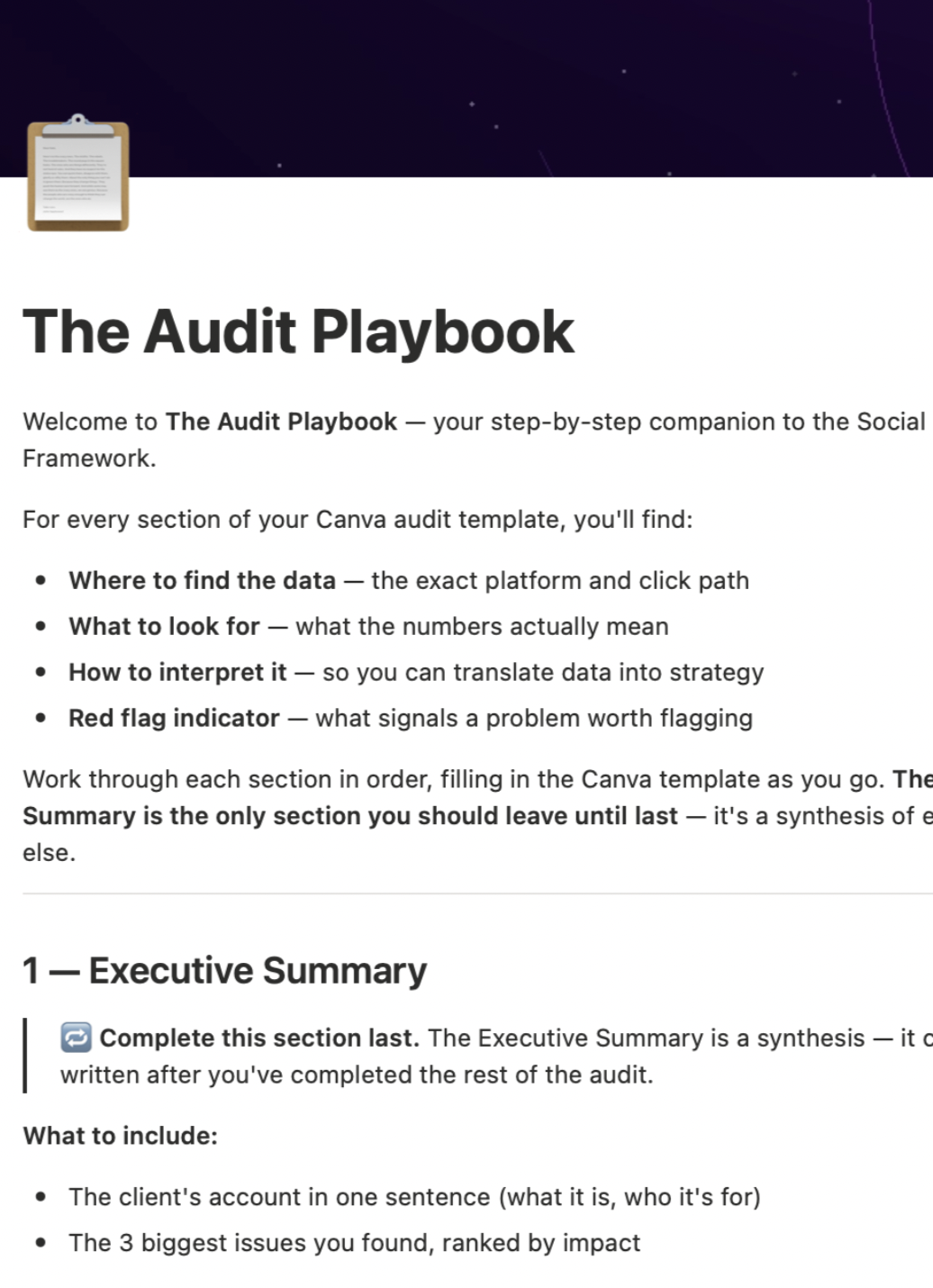 The Audit Playbook Notion workspace — step-by-step guide for completing the social media audit framework