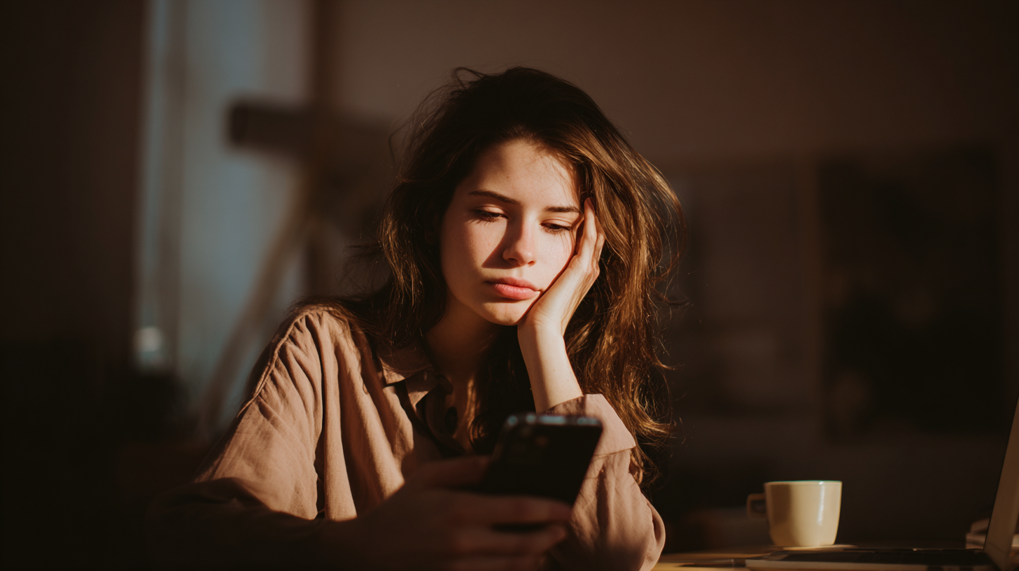 Woman sitting alone looking at her phone — how to revive a dead Instagram account