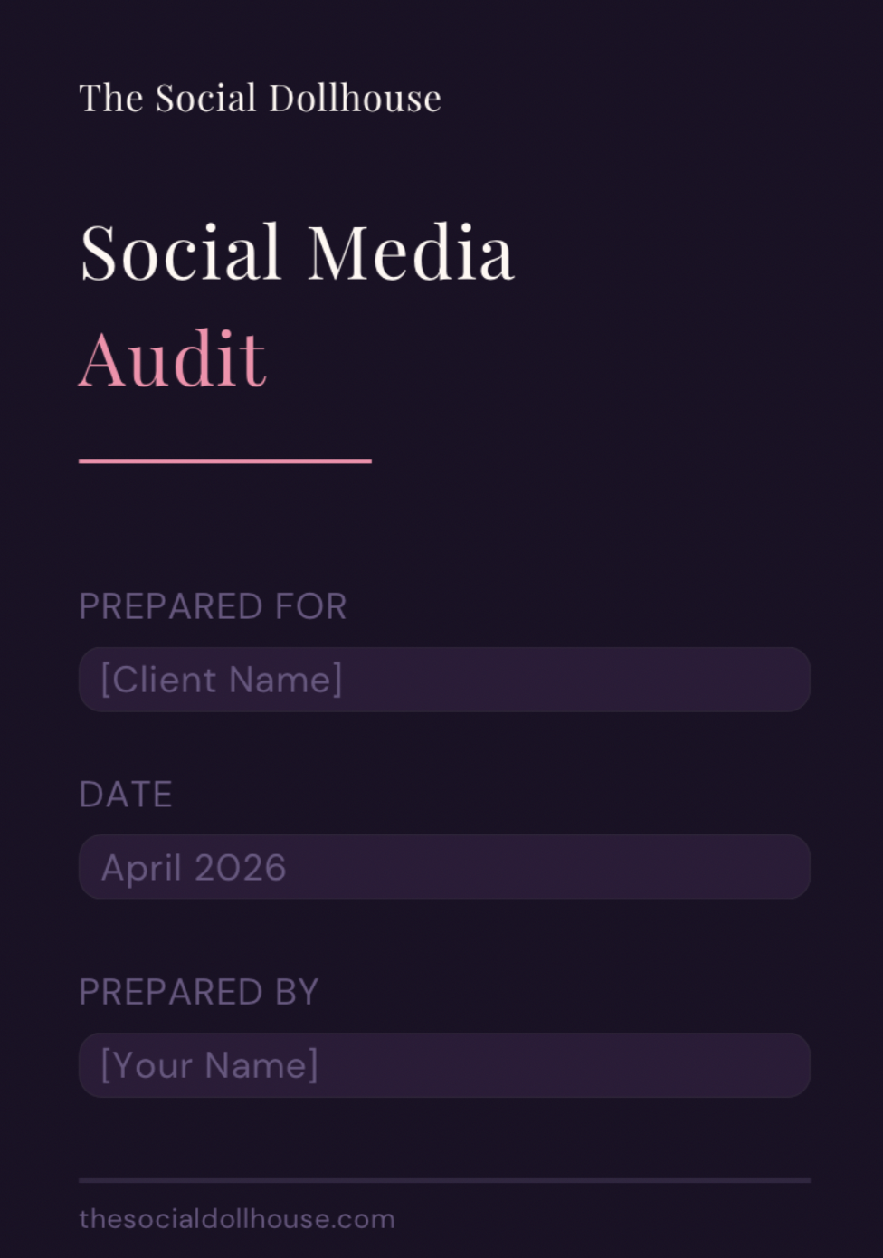 Editable social media audit Canva template cover page with client name and date fields