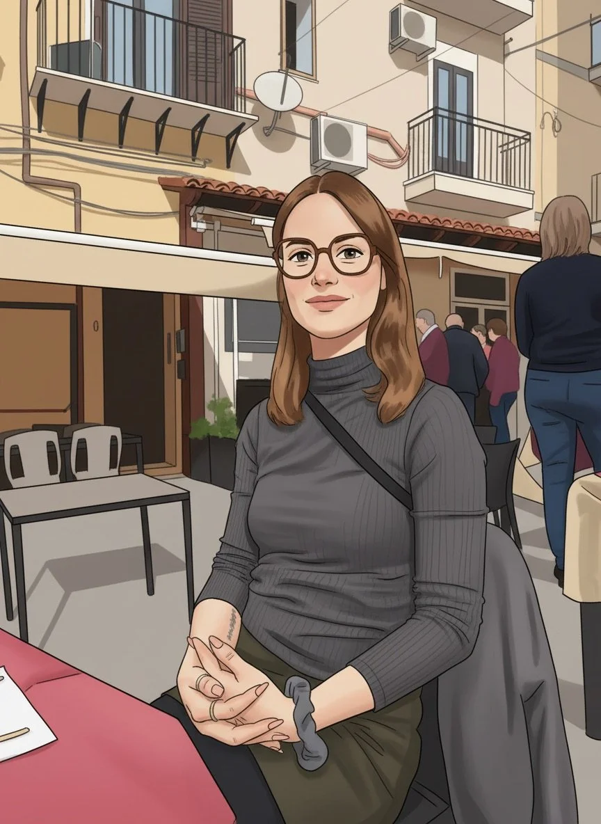 Eine junge Frau mit Brille und braunem Haar sitzt an einem Tisch in einem Restaurant oder Café, im Hintergrund sind andere Menschen und Gebäude mit Balkonen. Sie trägt einen grauen Pullover und schaut freundlich in die Kamera.