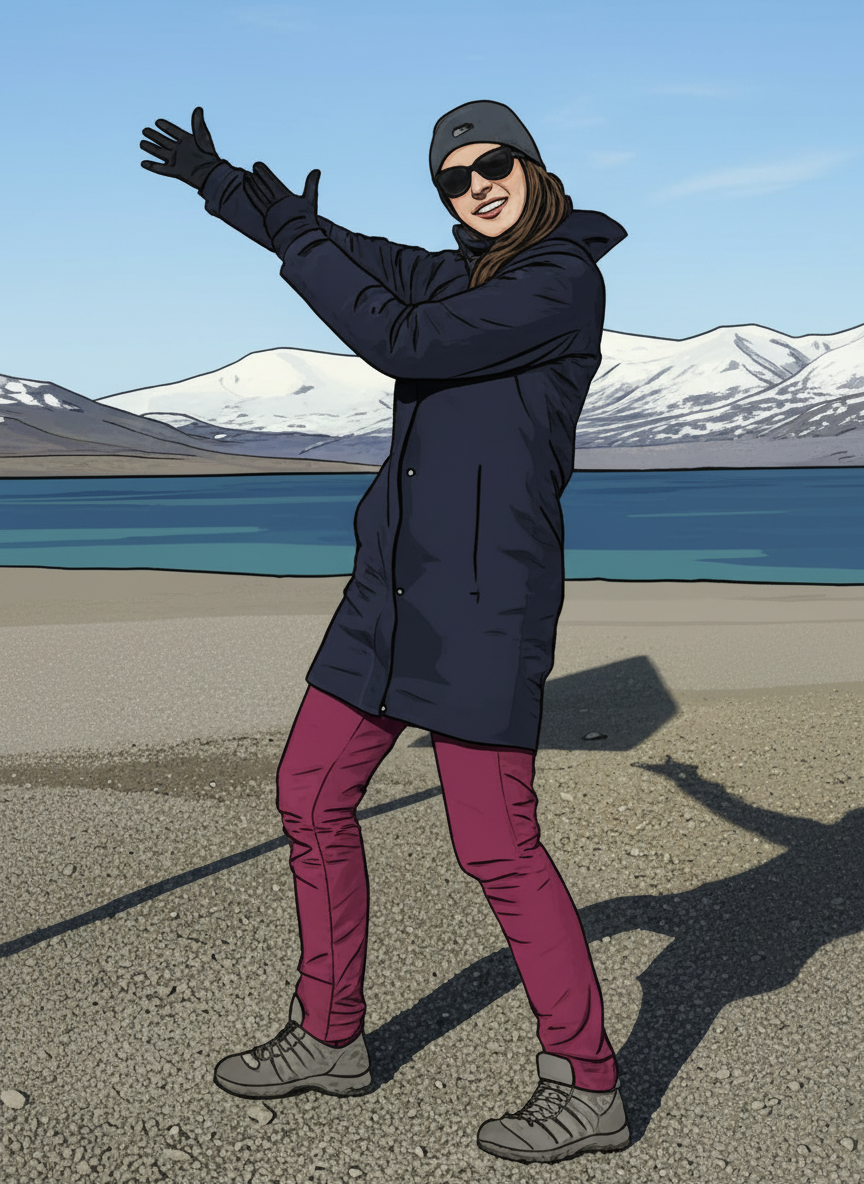Eine Frau steht an einem Strand mit Schneebedeckten Bergen im Hintergrund, trägt eine dunkle Jacke, lila Hosen, einen grauen Hut und Sonnenbrille und macht eine Pose mit ausgestreckten Armen.