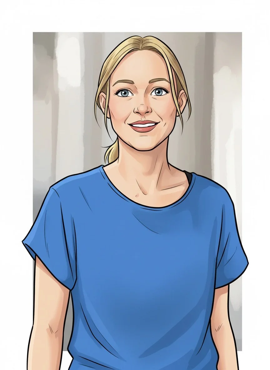 Eine lächelnde junge Frau mit blonden Haaren, die ein blaues T-Shirt trägt, vor einem neutralen Hintergrund.