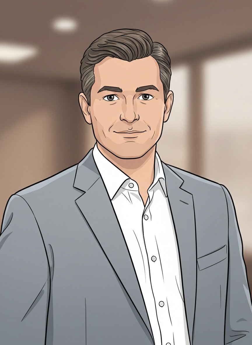 Eine Illustration eines Mannes in einem grauen Anzug und weißem Hemd, im Hintergrund ein Büro.