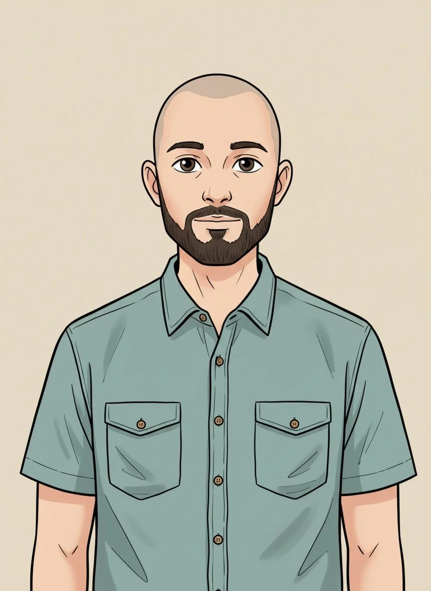 Digitaler Cartoon eines Mannes mit kurzem Haar, Bart, blauer Hemd, frontal aufgenommen.