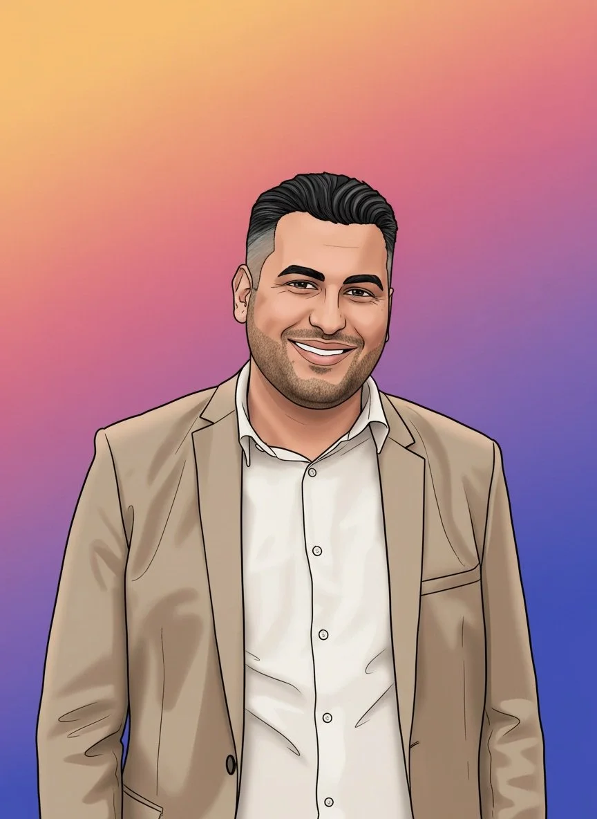Cartoon-Style Portrait eines lächelnden Mannes in einem beige Sakko und weißem Hemd vor einem pastelfarbenen gradient Hintergrund.
