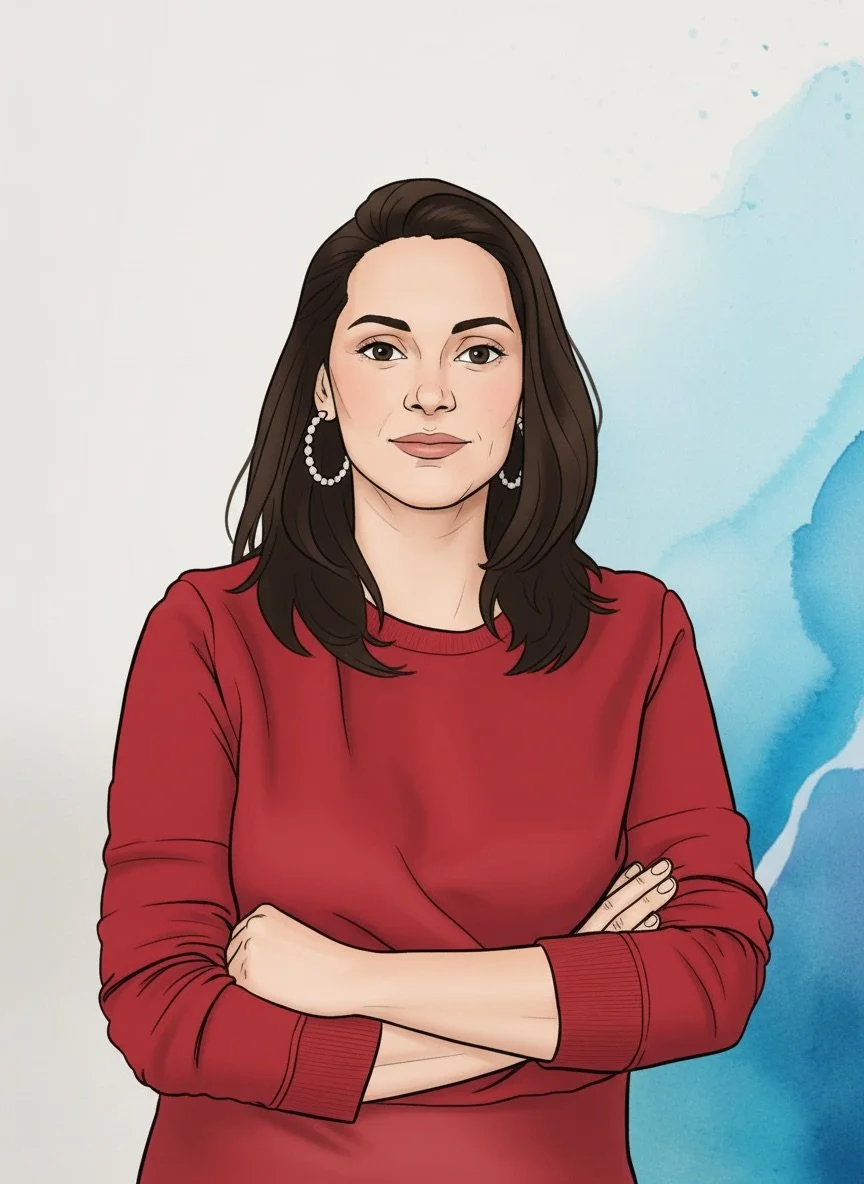 Illustration einer Frau mit braunen Haaren, Ohrringen, in rotem Pullover, mit verschränkten Armen vor einem blauen und weißen Hintergrund.