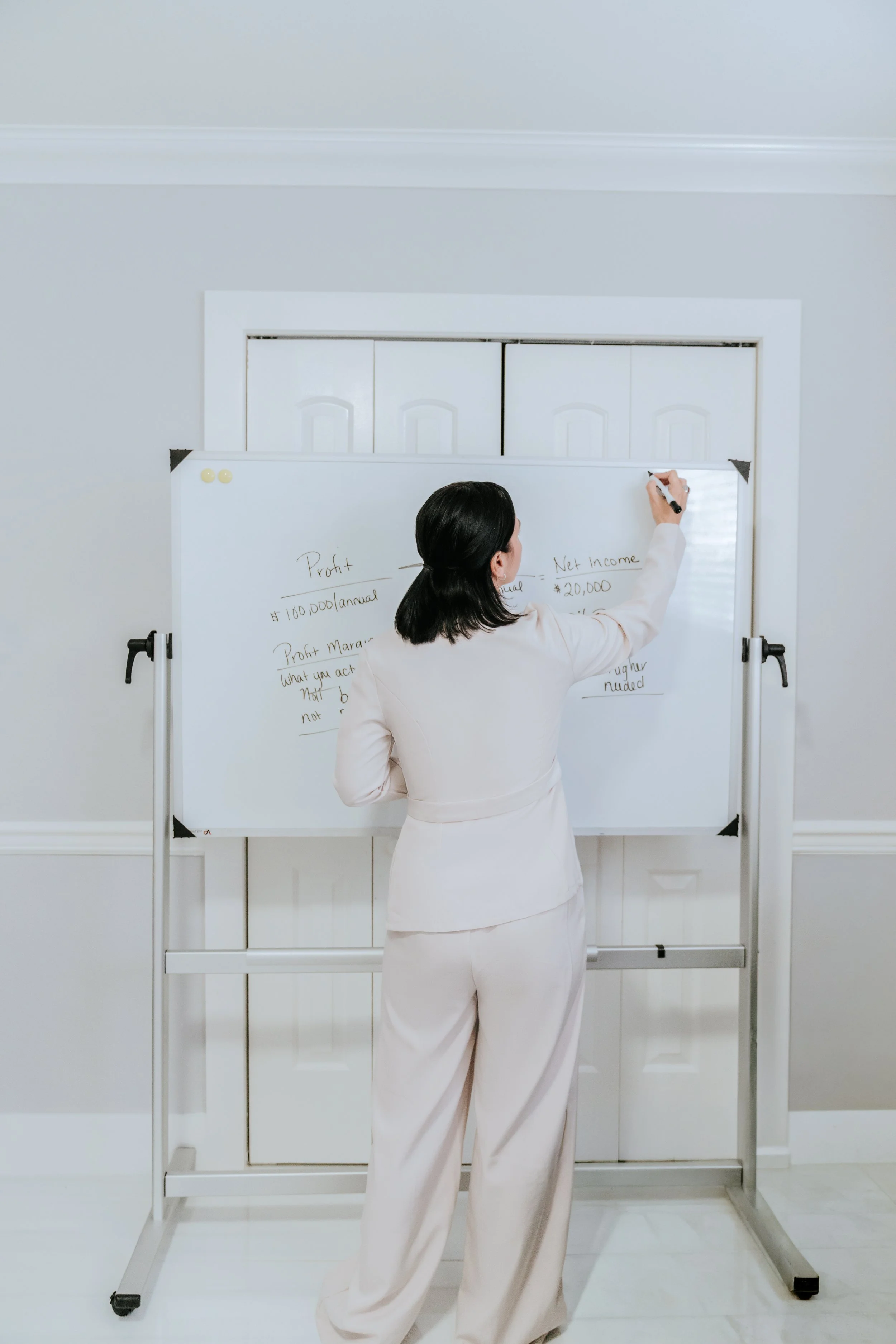 A woman with dark hair wearing a white suit stands in front of a whiteboard, writing on it with a black marker. The whiteboard has some handwritten notes about profit and net income.