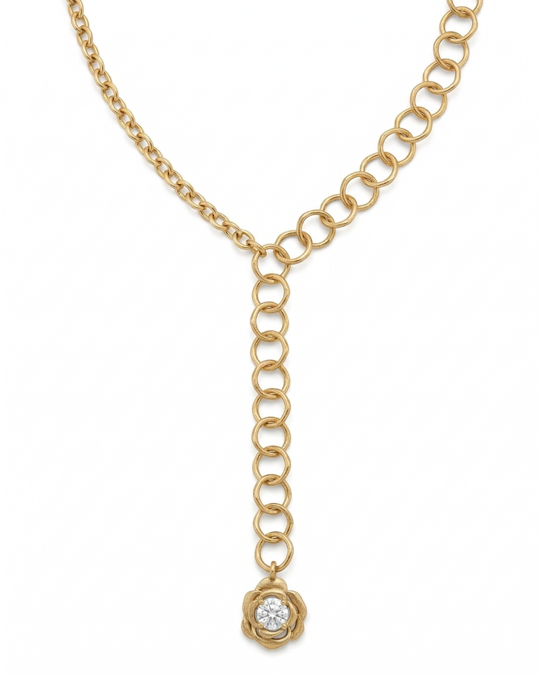 Gold Lariat Necklace with Rose Crystal Pendant