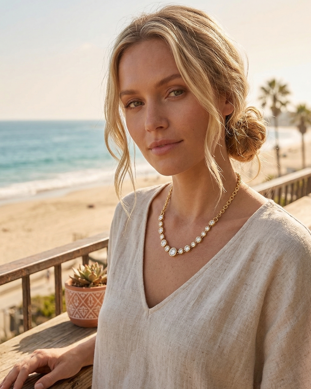 A woman with blonde hair styled in a loose bun wearing a beige top, standing on a balcony near the beach with the ocean and palm trees in the background, and a potted succulent plant on the wooden railing.