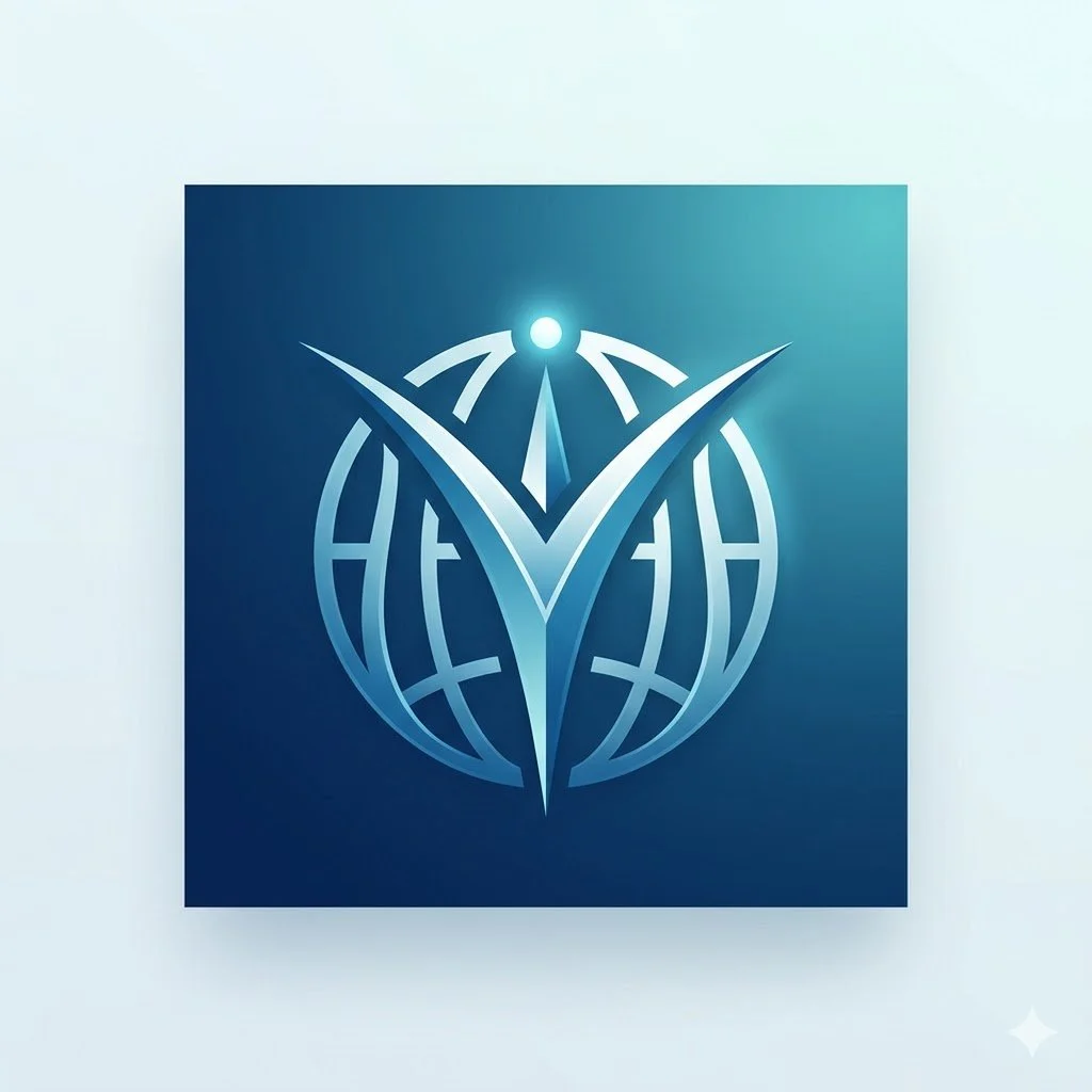 A stylized logo featuring a globe with grid lines and a large check mark in front.