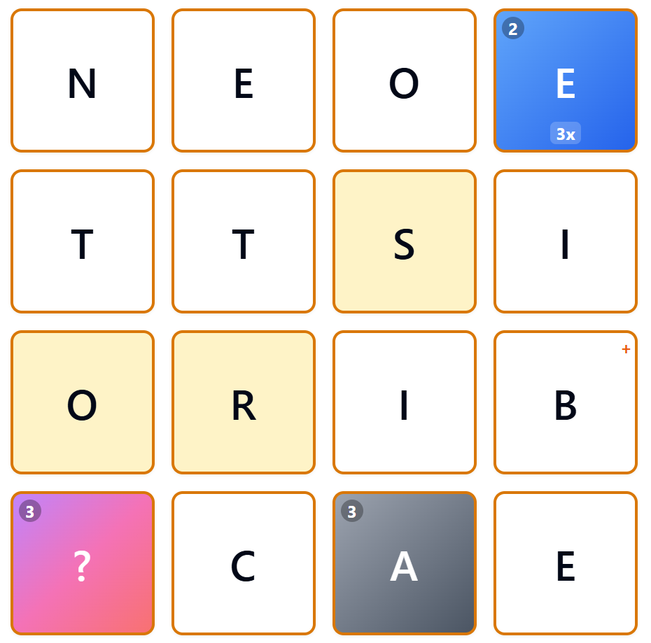 A screenshot of a partial grid of letters. Three letters have a golden background, one has a pink-to-orange gradient background, and one has a shades-of-gray gardient background. The rest have white backgrounds.