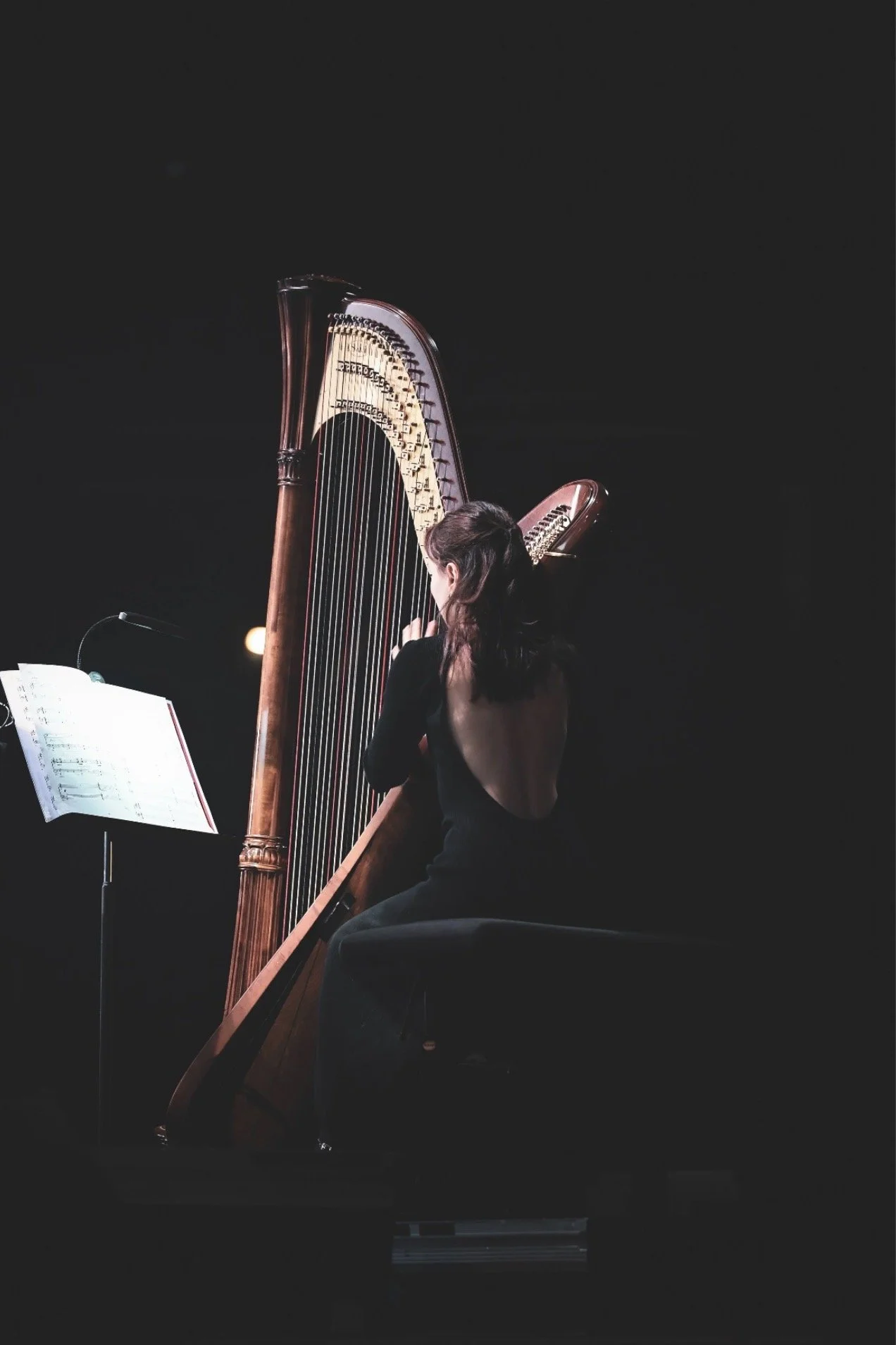 Maëlle Martin, harpiste - jouant sur scène en lumière clair-obscur
Photo : @hugo_hpg