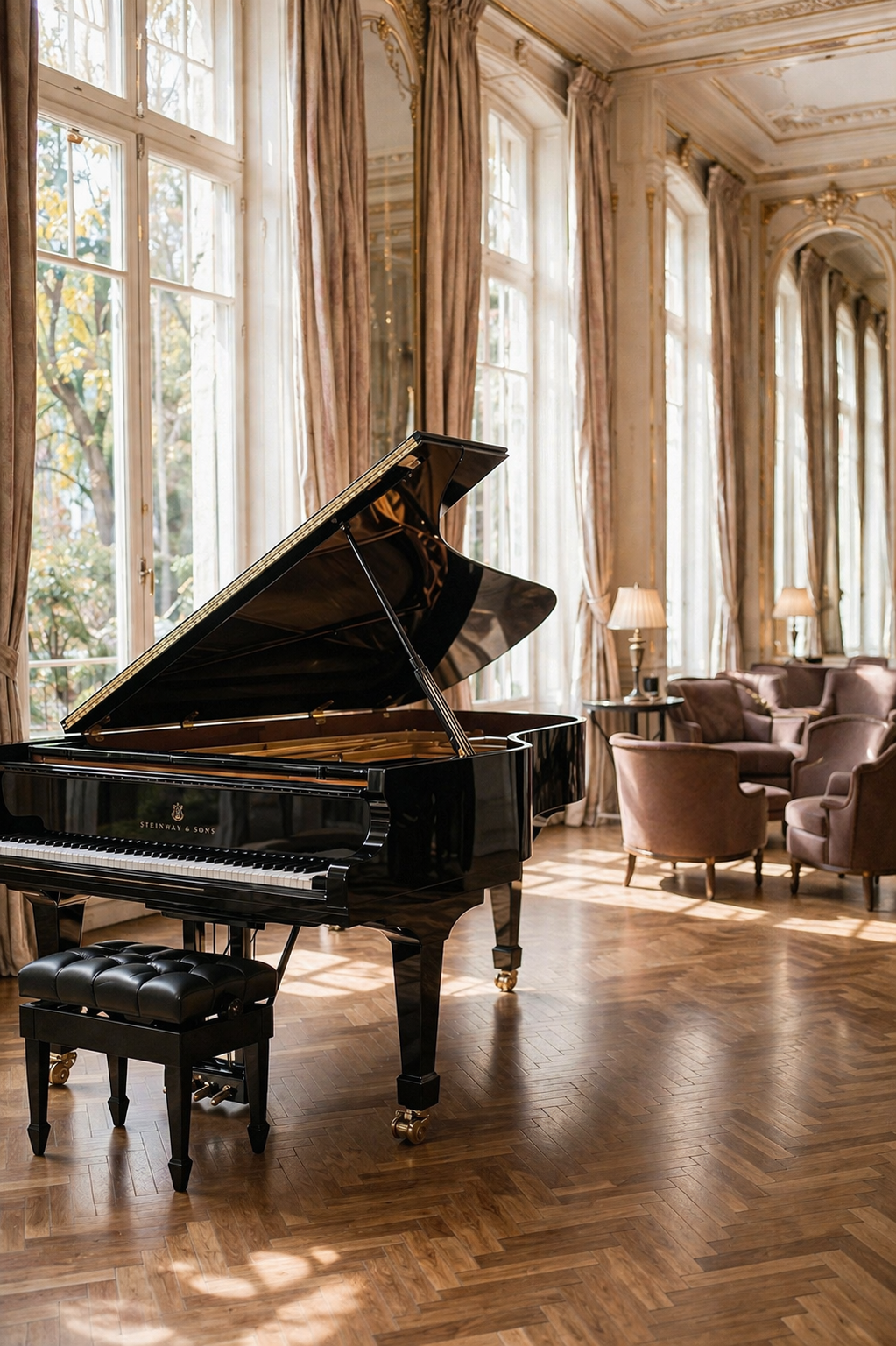 Piano à queue dans un salon de réception lumineux d'un hôtel particulier - Arsis Thesis